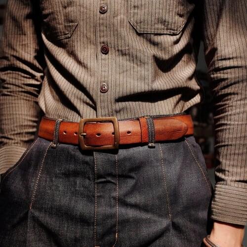 Leather Belt Men Handmade Brass Leather Simple Tooling Jeans Luxury Leather Big Belt Mens Cinto Masculino Heuptas Cintura