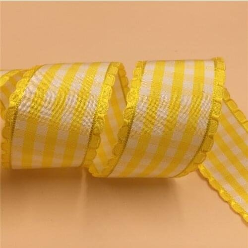 38MM Wire Edge Ribbon Yellow White Plaid For Dress Bow Birthday Decoration Chirstmas Gift DIY Wrapping 25Yards N1052