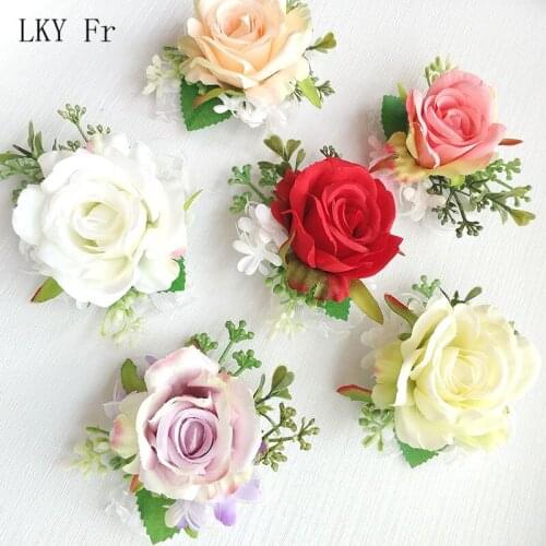 LKY Fr Wrist Corsage Wedding Bracelet Bridesmaid Flower Wedding Wrist Corsage Bracelet Groom Boutonniere Pin Mariage Accessories