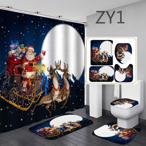 Bathroom Shower Curtain Set Non-slip Bath Mat Toilet Cover Waterproof Material Santa Claus Snowman Pattern Christmas Decorations