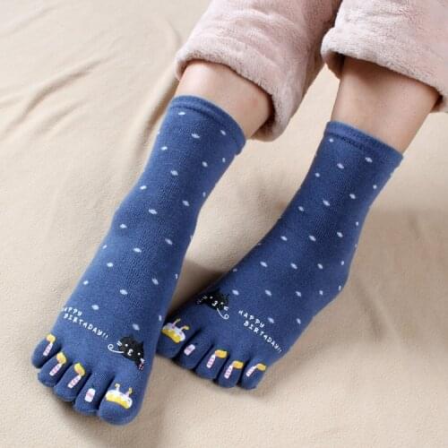 3 Pairs Mid Tube Female Five Finger Socks Cotton Cute Korean Cartoon Warm Toe Socks For Women Cat Japan Socks With Separate Toes