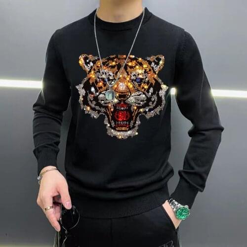 2021 New Mens Sweater Autumn And Winter Luxury Knitted Pullover Fashion Tiger Couple O-Neck Rhinestone Warm Top