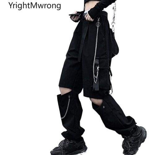 Woman Man Techwear Eyelet Hollow Chain Ribbon Pocket Cargo Jogger Pant Black Streetwear Harajuku Hip Hop Punk Trouser Tracksuit