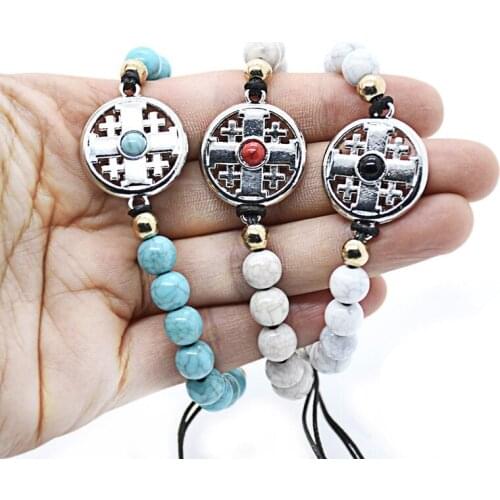 Adjustable Handmade Braided Natural Stone Beads Chain Religious Christian Jesus Jerusalem Bracelets for Women Prayer Jewelry