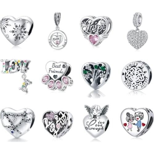 BISAER 925 Sterling Silver Love Heart Charms Mum Beads Fit Original Pandor Charm Bracelet Bangle Jewelry Making DIY Gift EFC517