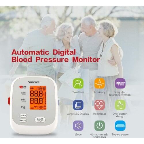 Sinocare Blood Pressure Monitor Tensiometer Upper Arm Automatic Digital BP Machine Pulse Heart Rate Monitor