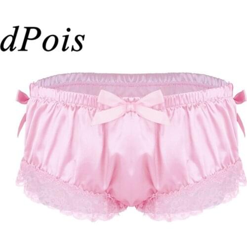 Mens Sissy Panties Gay Male Shiny Soft Satin Lingerie Ruffled Floral Lace Cute Bowknot Knickers Briefs Underwear Hommes Panty