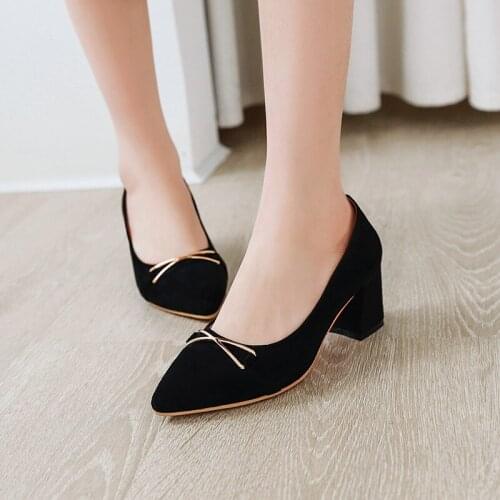 Simple style flock sexy pointed toe pumps fashion metallic decoration black beige thick high heel womens shoes big size