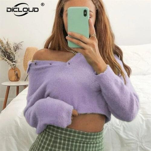 Harajuku Girls Polo Neck Cropped Sweater Women Autumn Tops Faux Mohair Pullover Chic Streetwear Winter Warm Knitted Jumper Femme