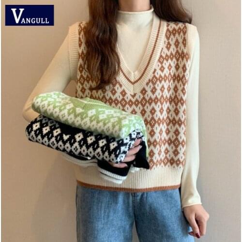 Vangull Argyle Plaid Short Women Sweater Vest 2020 Autumn Korean Fashion Slim V Neck Knitted Sleeveless Female Pullovers Vest