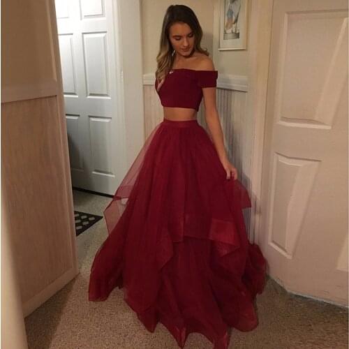 Evening Dress Long Boat Neck Two pieces Tulle Party Gowns Evening Gowns Formal Elegant Prom Gowns Vestido De Festa Longo