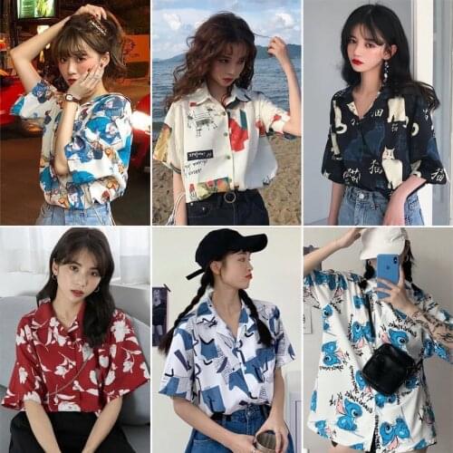 Printemps et été Vintage Original Sleeve Printed shirt woman 2021 New costume neck Loose Short Sleeve Shirt Top Woman