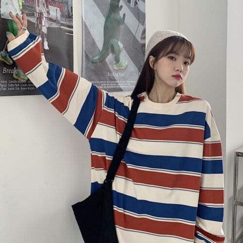 2021 Spring And Autumn Vintage Oversized T-Shirts For Men And Women Cute Retro Simple Striped Long-Sleeved Tops Couple Clothes