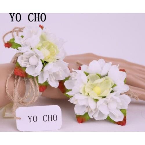 YO CHO Fashion White Rose Wrist Corsages Bridesmaid Sisters Hand Flowers Artificial Bride Flowers For Wedding Party Decor Prom