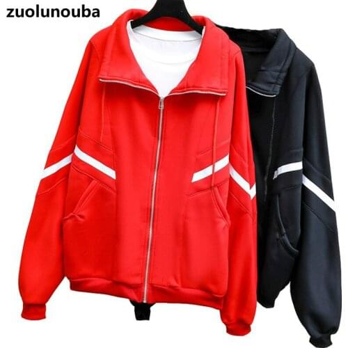 Zuolunouba 2020 Fall New Zipper Stand Collar Coat Women Casual Loose Striped Comfortable Warm Plus Fleece Pocket Ladies Jacket