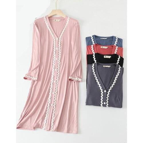 Nightdress Mom Full Sleeve Modal Homewear Women Print V-Neck Collar Sleepwear Big Size Fashion Casual Lace Pjs Dress