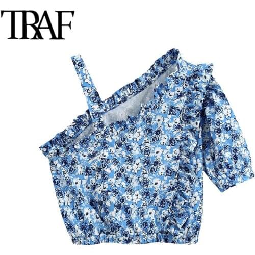 TRAF Women Fashion Floral Print Ruffled Cropped Blouses Vintage Asymmetric Neck Short Sleeve Female Shirts Chic Tops