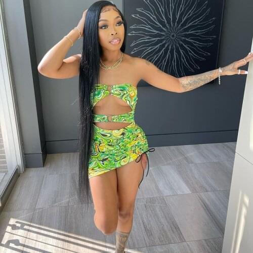 Printed Sleeveless Bodycon Strapless Hollow Out Sexy Mini Dress 2021 Summer Women Fashion Streetwear Outfits Y2K Clothes