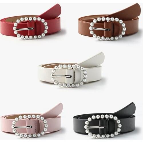 1pc Vintage Women Belts Luxury Brand Casual Oval Rhinestone Pin Buckle Waist Strap High Quality PU Leather Waistband Pearl Belts