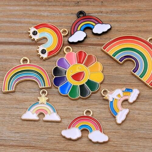 10Pcs 8 Styles Alloy Metal Drop Oil Rainbow Sun Flower Colorful Charms KC Gold Pendant For DIY Bracelet Necklace Jewelry Making