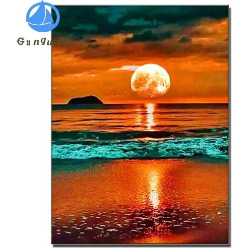 DIY 5D Diamond Painting sunset beach landscape Full Square round drill Diamond Mosaic Embroidery Beach waves Rhinestone decor