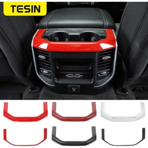 TESIN Carbon Fiber Car Armrest Box Rear Cup Holder Panel Decoration Cover Stickers for Dodge RAM 2018+ Car Interior Accessories