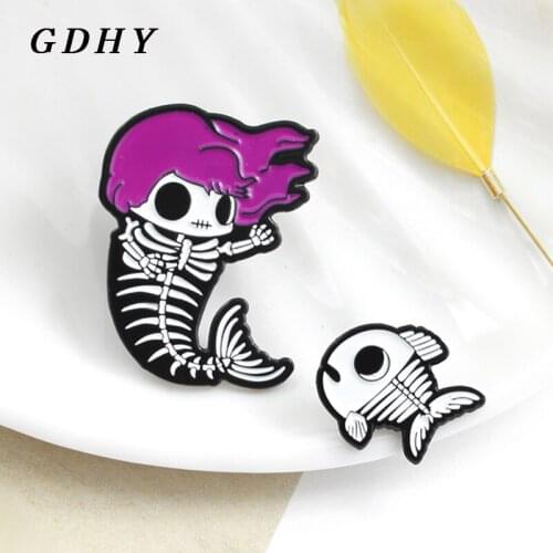 GDHY Mermaid Pins Mermaid Skeleton Fishbone Brooch Purple Hair Mermaid Fish Bone Skeleton Kids Enamel Pins Badge Brooch