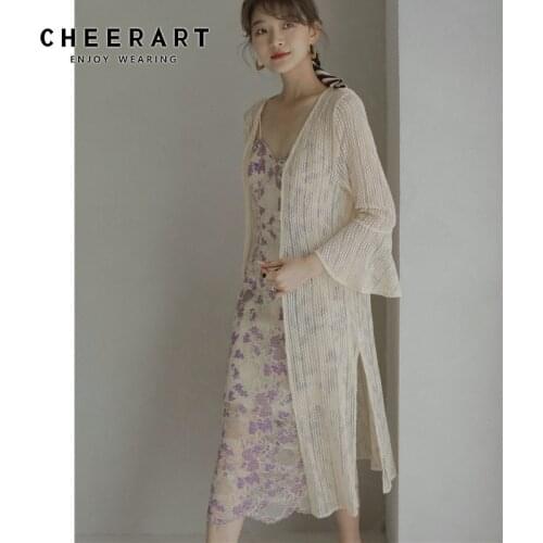 CHEERART Long Kimono Cardigan Mesh Summer Flare Sleeve Transparent Long Blouse See Through Top Ladies Blouse Beach Kimono