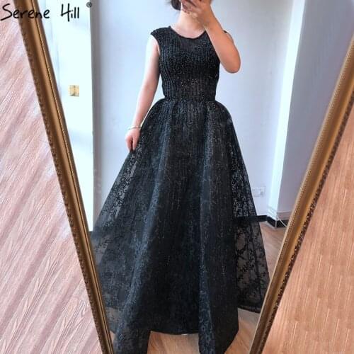 Dubai Blue A-Line Luxury Beading Evening Dresses 2020 O-Neck Crystal Sexy Formal Dress Long Serene Hill LA70552