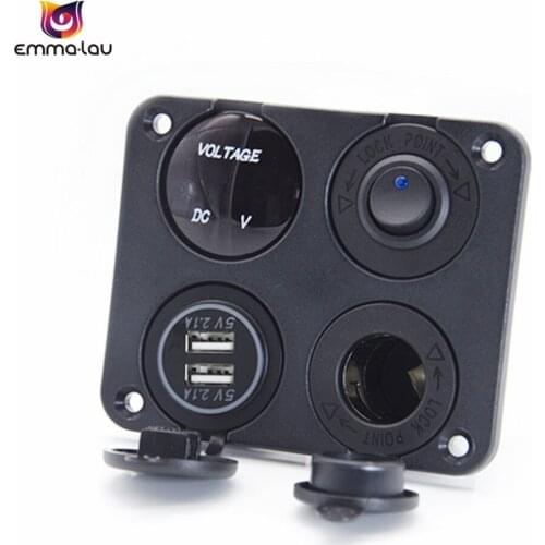 Dual USB Adapter 2.1A+LED Voltmeter +12V Power Outlet +ON-OFF Toggle Switch Four Functions Panel for Car Boat Truck (Green LED)