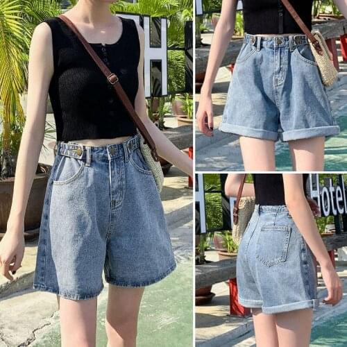 2021 Elastic High Waist Wide Leg Slim Denim Shorts Woman New Fashion Korean Knee-point Short Jeans Washed Sexy Female Summer Z08