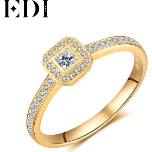 EDI Genuine 0.23CT Princess Cut Natural Diamond Halo Real 14k Yellow Gold Wedding Engagement Ring For Women Jewelry