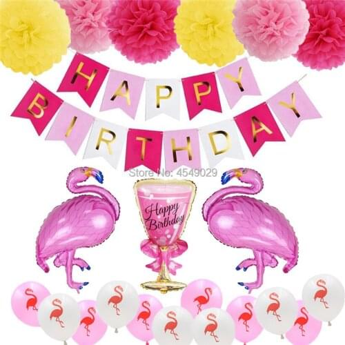 Flamingo Theme Birthday Party Dcecorations Banner Flag Pink Flamingo Balloons for Girl First Birthday Party Hawaiian Tropical