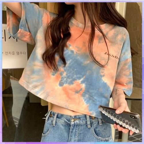 Tie-dye T-shirt Short Sleeve T Shirt Womens Cotton Crop Top 2021 Summer Short T-shirts Casual Loose Tee Shirt Female Clothing