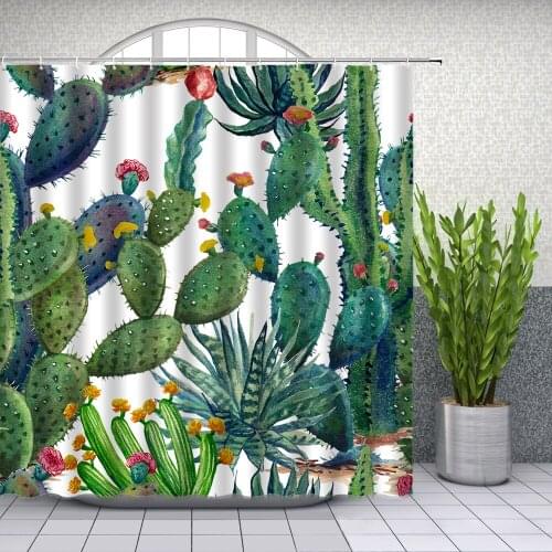 Hot Sale Cactus Shower Curtains Watercolor Plant Floral Bathroom Decor Home Bath Waterproof Polyester Curtain Set