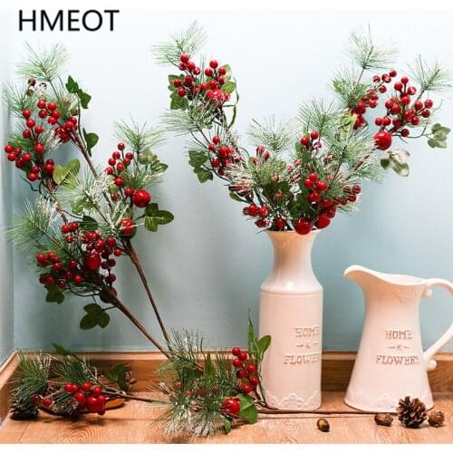 DIY Christmas Tree Decor Red Berry Artificial Flower Snow Pine Branch Room Table Home Decor Accessories Shop Window Display Gift