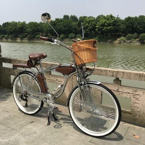 26"Basket chrome bicycle calssical 140PCS Spoke two spring fork 7 speed v-brake led light leather bag bike