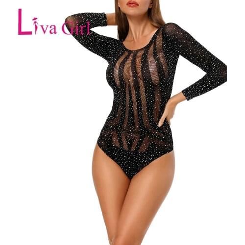 LIVA GIRL Rhinestone Long Sleeves Hollow-out Bodysuit Woman 2021Autumn Black Bodycon Bodysuit Female Sexy O-Neck Lingerie Tops
