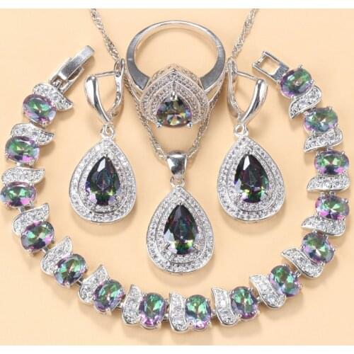 Hight Quality Rainbow Cubic Zirconia Water Drop Jewelry Sets For Women Costume Necklace And Earrings Plus Size Matching Sets