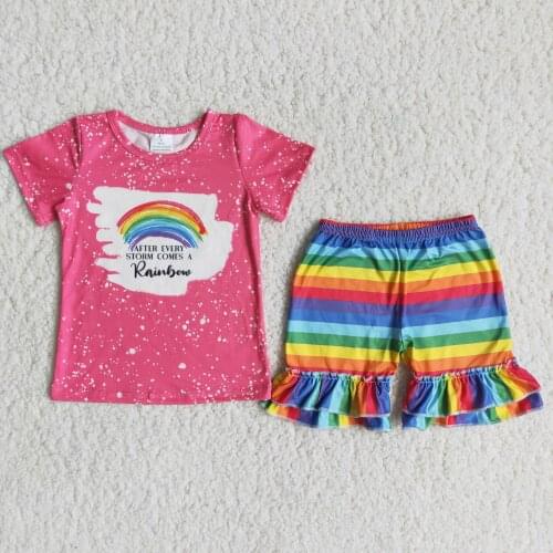 Summer Girls Outfits Short Sleeve Rainbow Shirt Colorful Stripe Shorts Outfits Kids Boutique Set