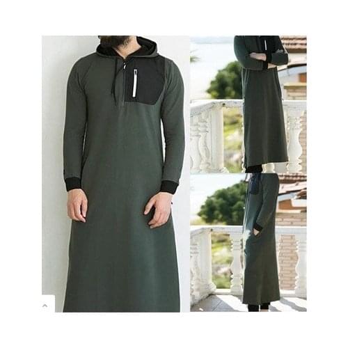 Muslim Traditional Cloting Mens Muslim Jubba Thobe Fashion Streetwear Casusl Saudi Arab Dubai Zipper Hooded Sweater Robe Abaya