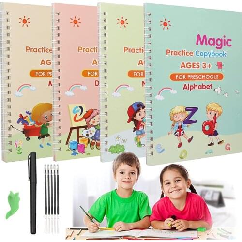 New 4 Books + Pen Magic Practice Book Free Wiping Children Toy Writing Sticker English Copybook For Calligraphy Montessori Toys