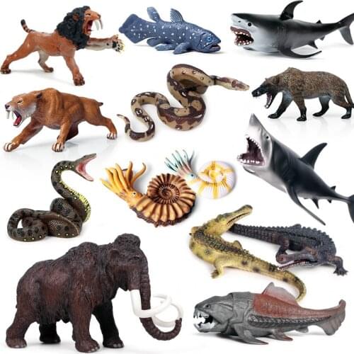 Oenux Original Prehistoric Savage Animals Megalodon Shark Dunkleosteus Mammoth Tiger Action Figures Model PVC Toys Gift For Kids