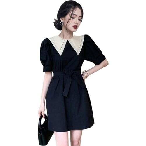 French black mini A line Dress one piece korean ladies Summer short Sleeve V neck cabaret party Dresses for women