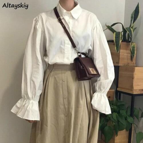 Shirts Women Flare Sleeve Button College Simple Elegant Autumn Turn-down Collar Ulzzang Popular Trendy Thicker Leisure White Ins