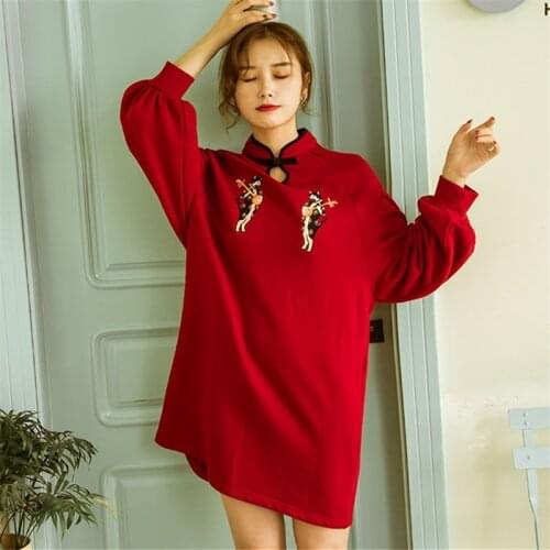 Autumn Winter Oriental Dress Embroidery Retro Dresses Improved Cheongsam Modern Fashion Chic Party Club Loose Casual Women 11654