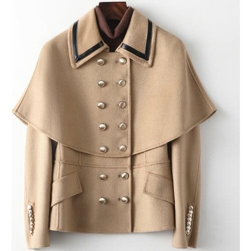 Spring 2021 New Double-sided Khaki Wool Coat Slim Fitting Double Breasted Short High Street Cute Cloak Cape Jacket Fashion Wear