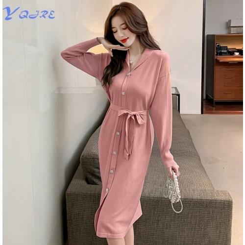 YQJRE Spring and Autumn New Leisure Fashion Long Sleeve V-neck Womens Single-breasted Knit Dress