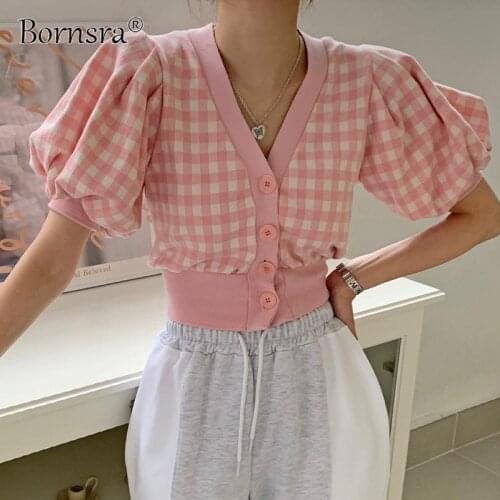 Bornsra 2021 Summer New Womens T-shirt Plaid Print Loose Waist Top Puff Sleeve Single-breasted V-neck Short Womens Top