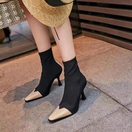Elastic Patchwock Lady Thin High Heels Socks Boots Runway Show Shoes Woman Boots 2020 New Autumn Winter Retro Women Ankle Boots